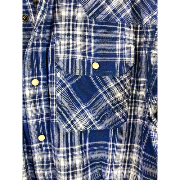 Ariat Retro Fit Shirt Medium Pearl Snap Brushed Cotton Mens Western Blue Plaid - Picture 4 of 8